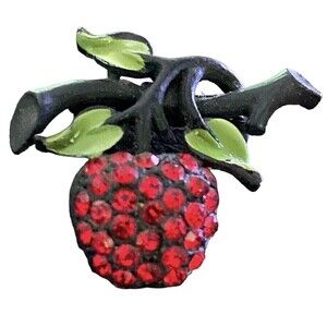 Vintage J.J. Jonette Red Rhinestones Apple Brooch Pin Signed